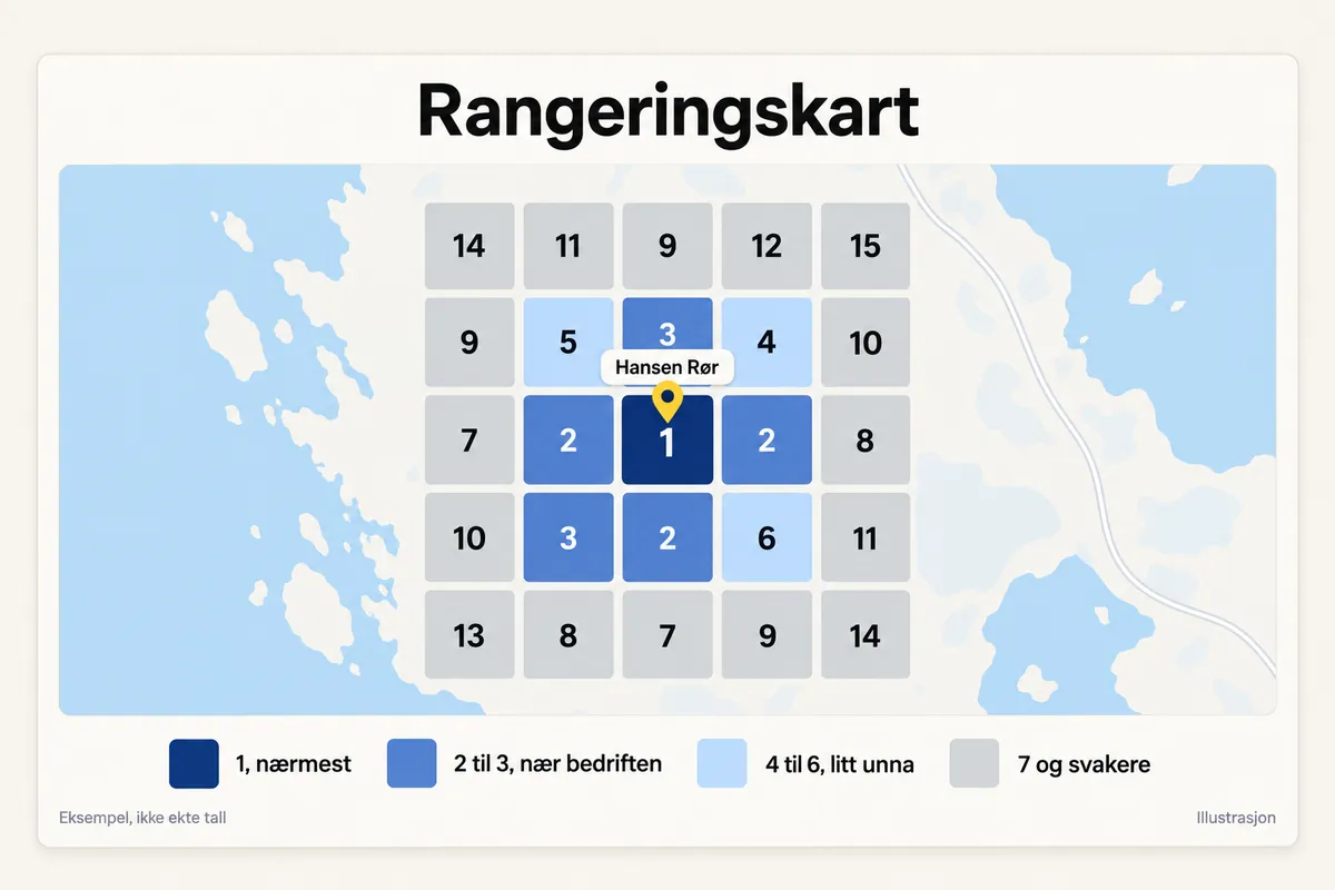 Rangeringskart: et rutenett på 5 ganger 5 over et forenklet kart. Hansen Rør ligger midt i med plass 1, rutene rundt har plass 2 og 3, og lenger ut faller plasseringen til mellom 7 og 15. Forklaring: 1, nærmest. 2 til 3, nær bedriften. 4 til 6, litt unna. 7 og svakere. Eksempel, ikke ekte tall.