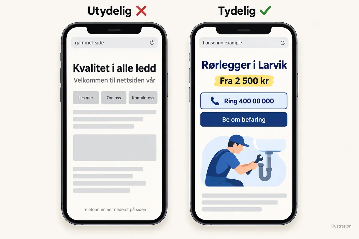 To mobilsider side om side. Utydelig: overskriften Kvalitet i alle ledd, Velkommen til nettsiden vår, tre like knapper Les mer, Om oss og Kontakt oss, og telefonnummeret nederst på siden. Tydelig: Rørlegger i Larvik, Fra 2 500 kr, knappen Ring 400 00 000 og én knapp Be om befaring.