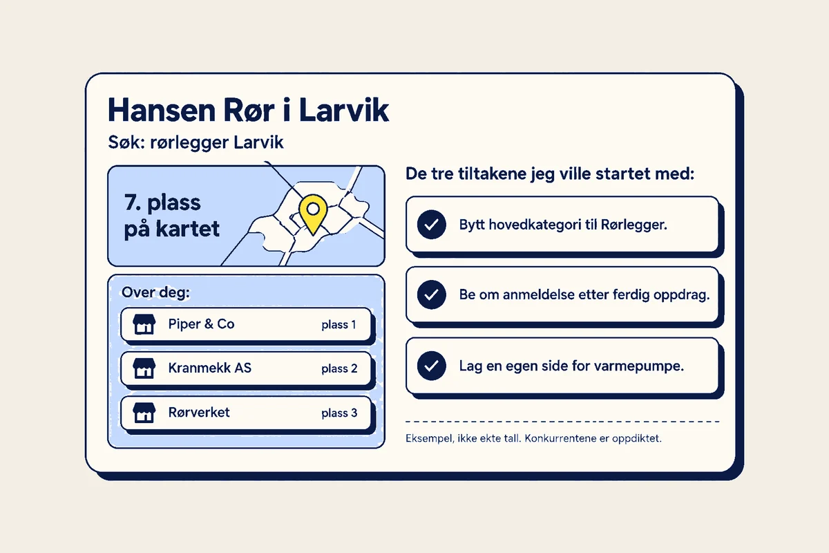Eksempel på den gratis analysen for Hansen Rør i Larvik. Søk: rørlegger Larvik, 7. plass på kartet. Over deg: Piper & Co plass 1, Kranmekk AS plass 2, Rørverket plass 3. De tre tiltakene jeg ville startet med: Bytt hovedkategori til Rørlegger. Be om anmeldelse etter ferdig oppdrag. Lag en egen side for varmepumpe. Eksempel, ikke ekte tall. Konkurrentene er oppdiktet.