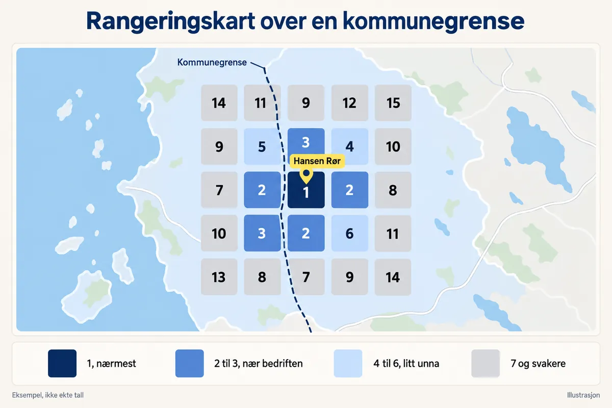 Rangeringskart over en kommunegrense. En stiplet kommunegrense går på tvers av rutenettet, og plass 1 til 3 rundt Hansen Rør ligger på begge sider av streken. Forklaring: 1, nærmest. 2 til 3, nær bedriften. 4 til 6, litt unna. 7 og svakere. Eksempel, ikke ekte tall.