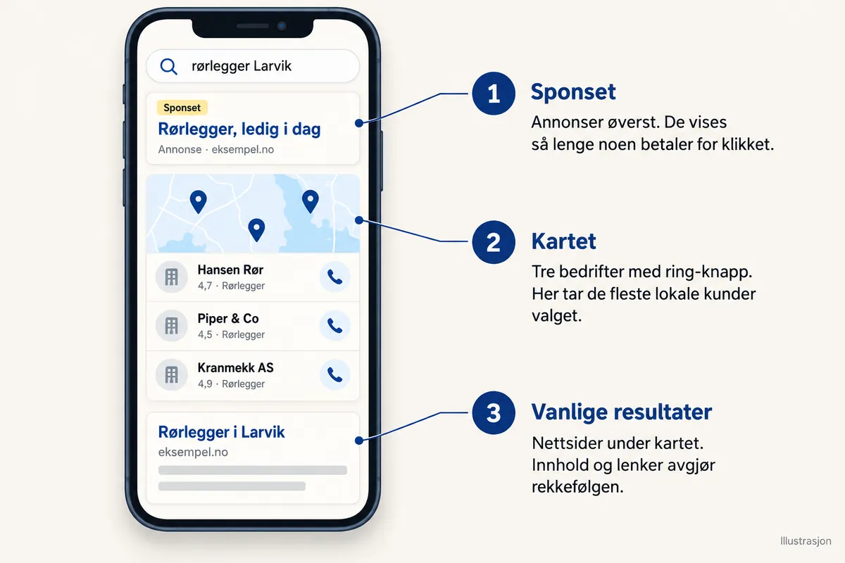 Illustrasjon av et mobilsøk på «rørlegger Larvik». 1 Sponset: annonsen «Rørlegger, ledig i dag». Annonser øverst, de vises så lenge noen betaler for klikket. 2 Kartet: Hansen Rør 4,7, Piper & Co 4,5 og Kranmekk AS 4,9, alle med ring-knapp. Her tar de fleste lokale kunder valget. 3 Vanlige resultater: «Rørlegger i Larvik». Nettsider under kartet, innhold og lenker avgjør rekkefølgen.