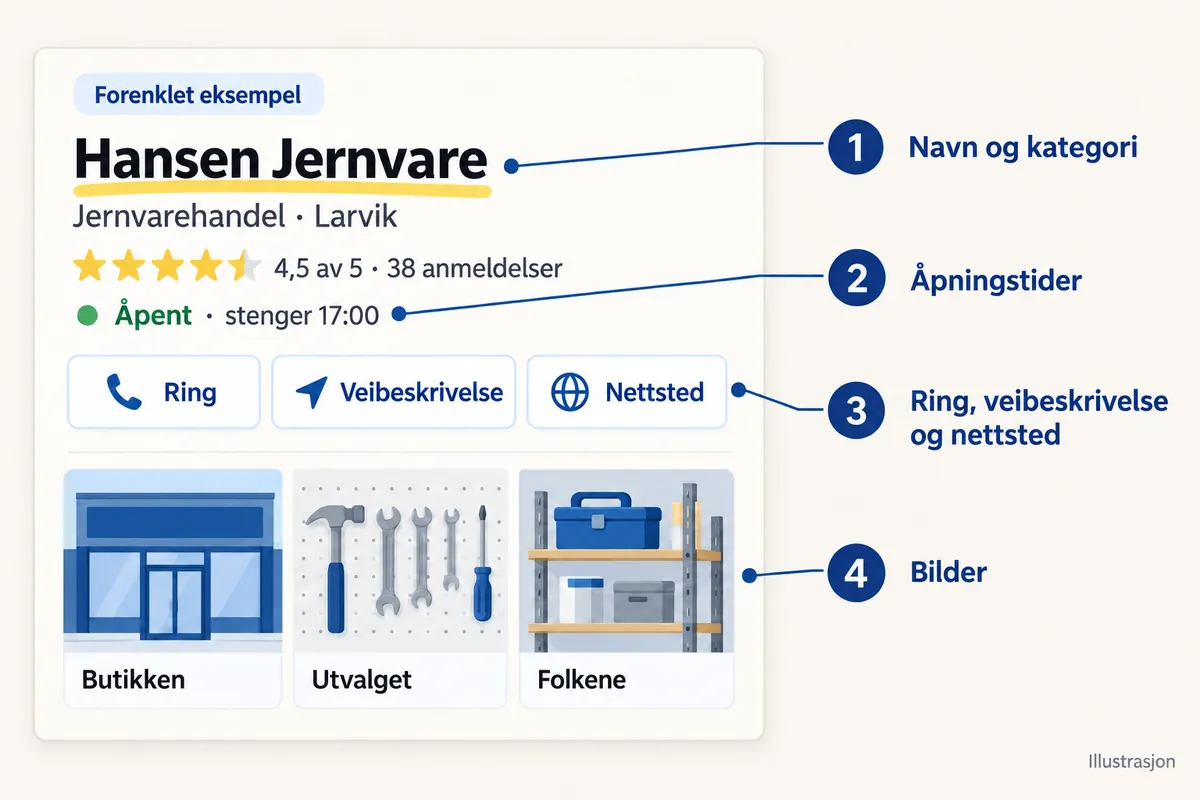 Forenklet profilkort for Hansen Jernvare, Jernvarehandel i Larvik, 4,5 av 5 med 38 anmeldelser, Åpent, stenger 17:00. Knappene Ring, Veibeskrivelse og Nettsted, og bildene Butikken, Utvalget og Folkene. Nummererte felt: 1 Navn og kategori, 2 Åpningstider, 3 Ring, veibeskrivelse og nettsted, 4 Bilder.