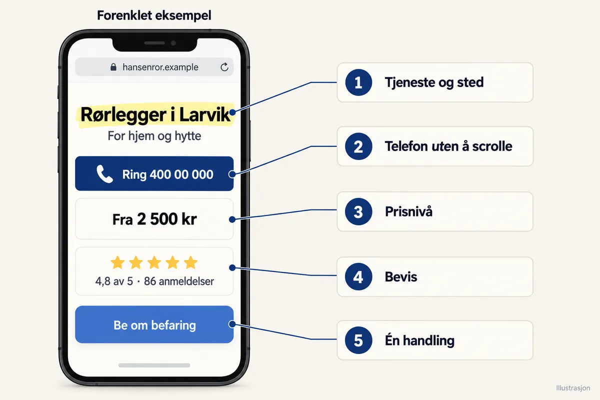 Forenklet eksempel på en tjenesteside på mobil: Rørlegger i Larvik, For hjem og hytte, knappen Ring 400 00 000, Fra 2 500 kr, 4,8 av 5 med 86 anmeldelser og knappen Be om befaring. Nummererte felt: 1 Tjeneste og sted, 2 Telefon uten å scrolle, 3 Prisnivå, 4 Bevis, 5 Én handling.